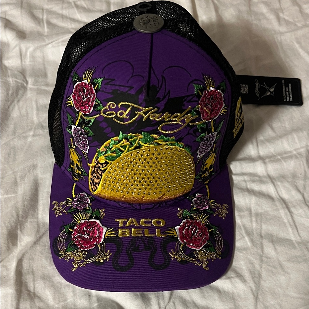 Ed Hardy Purple Embellished Taco Graphic Trucker Hat